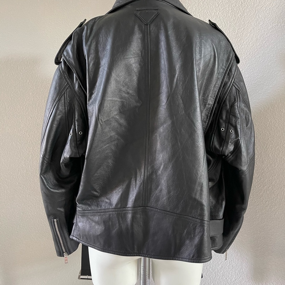 PRADA Oversized Black Biker Leather Jacket Size 42 - Picture 4 of 13